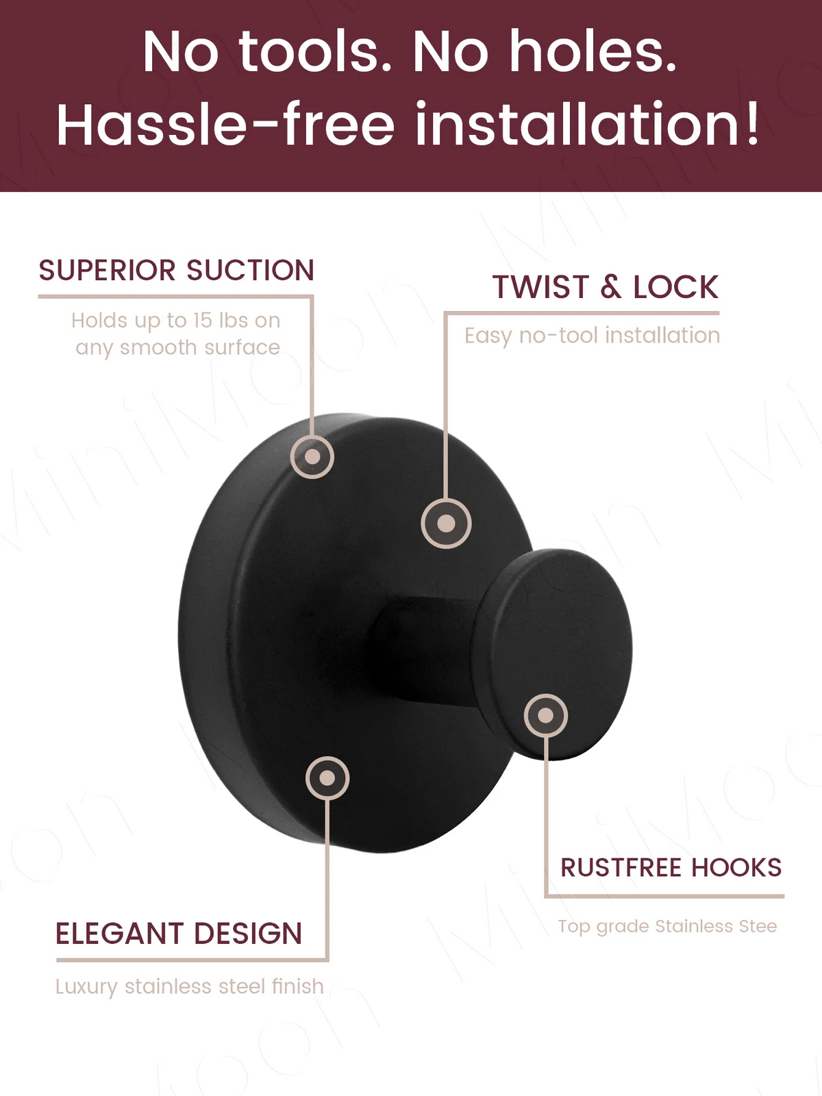 A black stainless steel towel hook with a suction cup design shown against a white background.