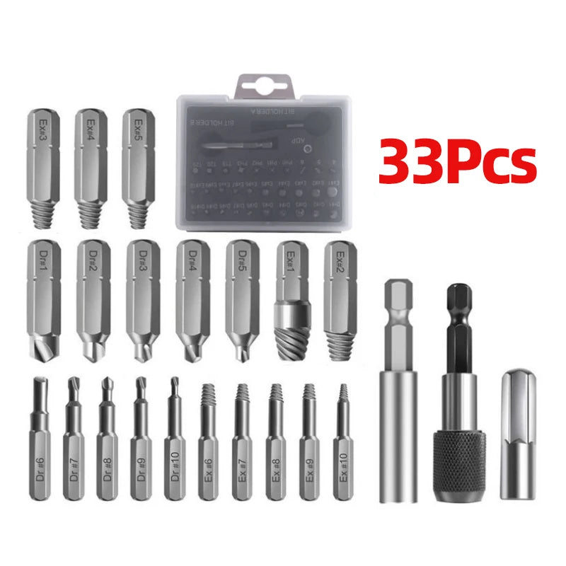 A set of professional screw extractors and magnetic extensions for removing damaged bolts and screws.