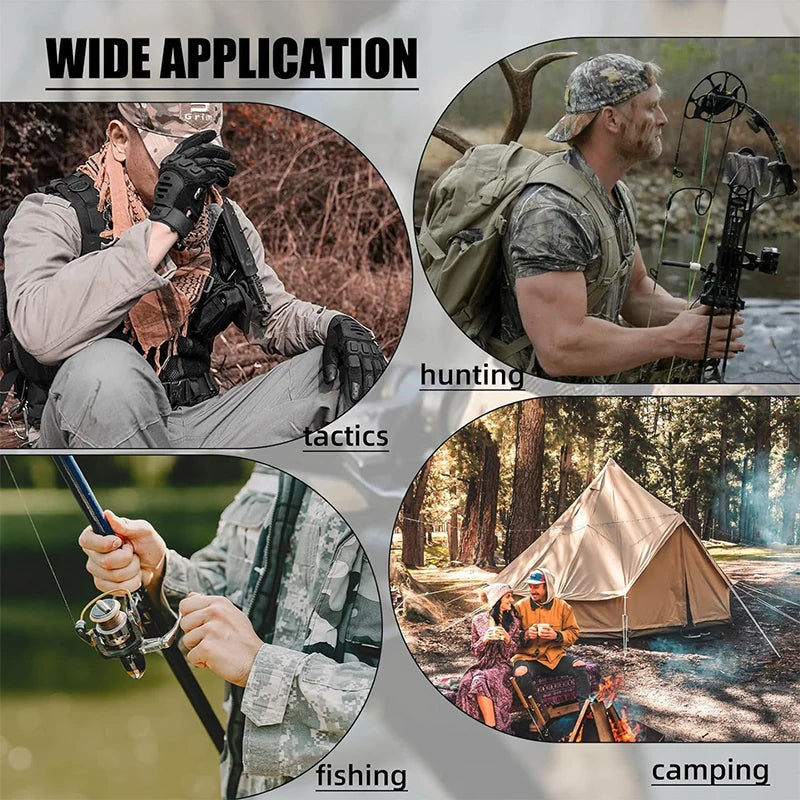 A collage showing various outdoor activities including hunting, fishing, and camping, featuring a person wearing tactical gea
