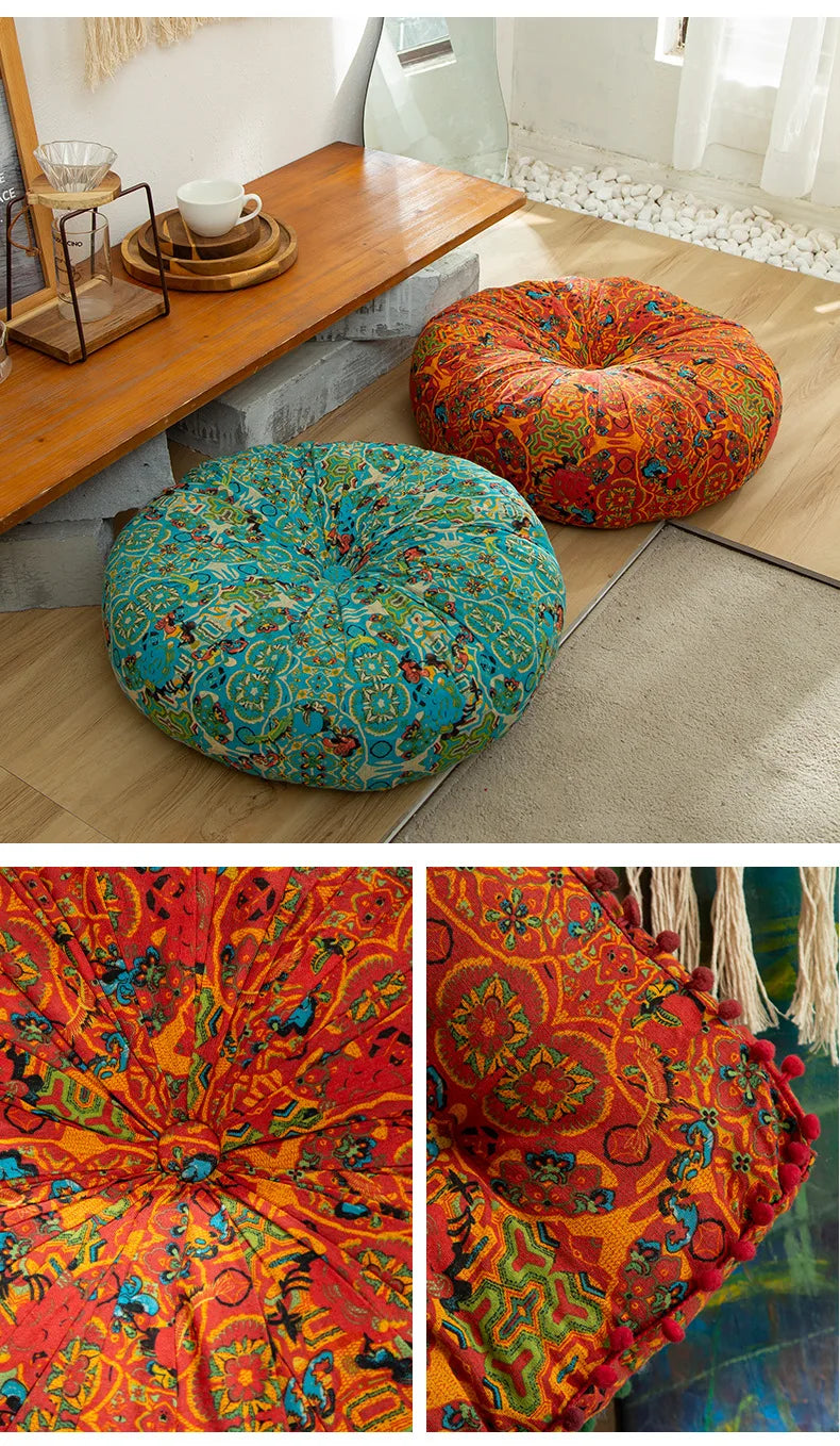 A vibrant orange and teal bohemian cotton linen floor cushion with intricate patterns