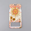 A lanyard featuring a colorful design of a sun and flowers, used as an ID badge holder.