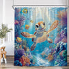 A colorful shower curtain featuring an underwater scene with dolphins and sea turtles for bathroom decor.