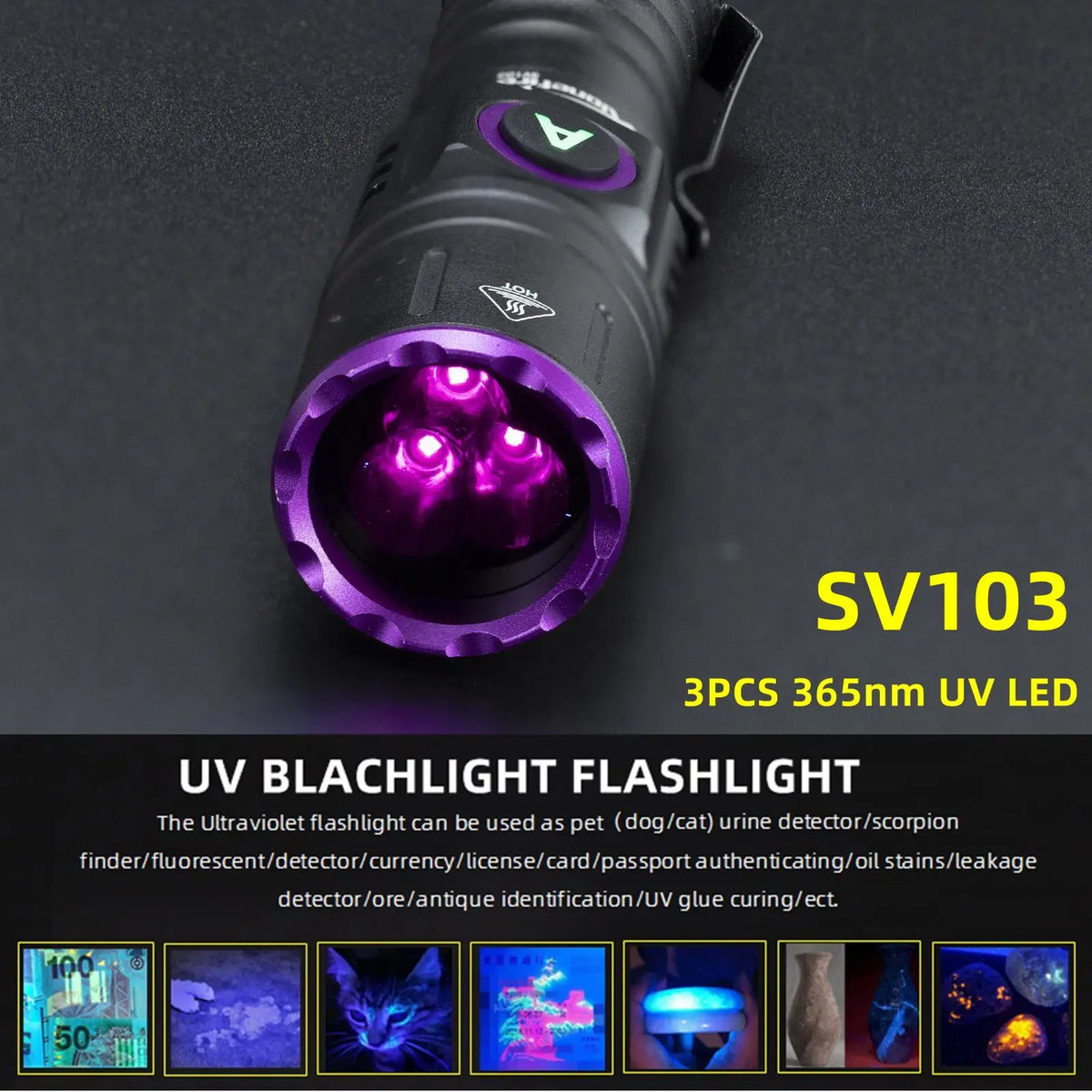 A purple UV flashlight is shown with various stains and objects under its light.