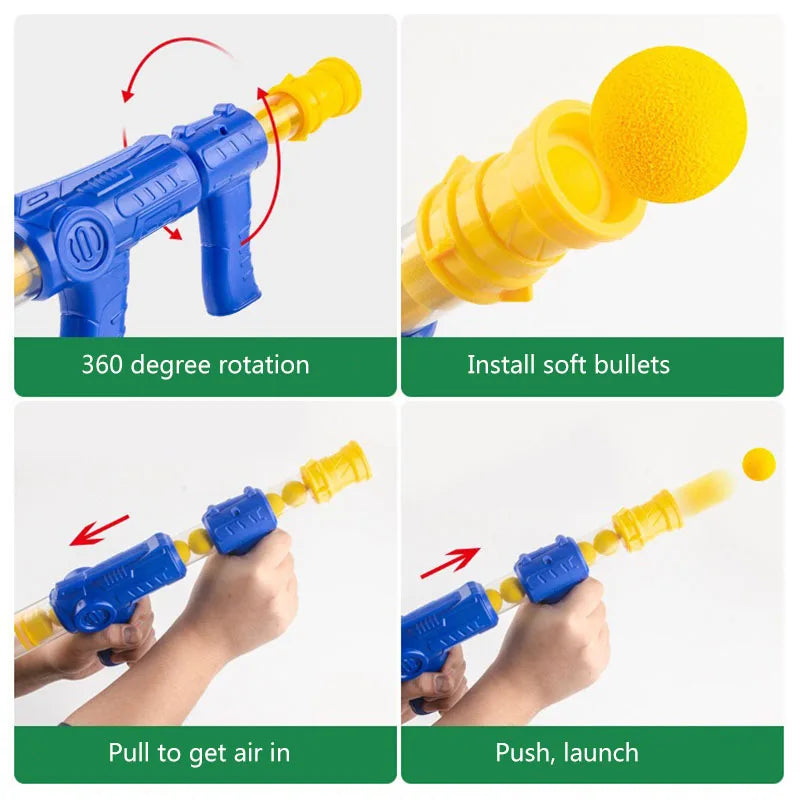 A yellow and blue air-powered soft dart gun used for a duck shooting target game, showing features like 360 degree rotation a