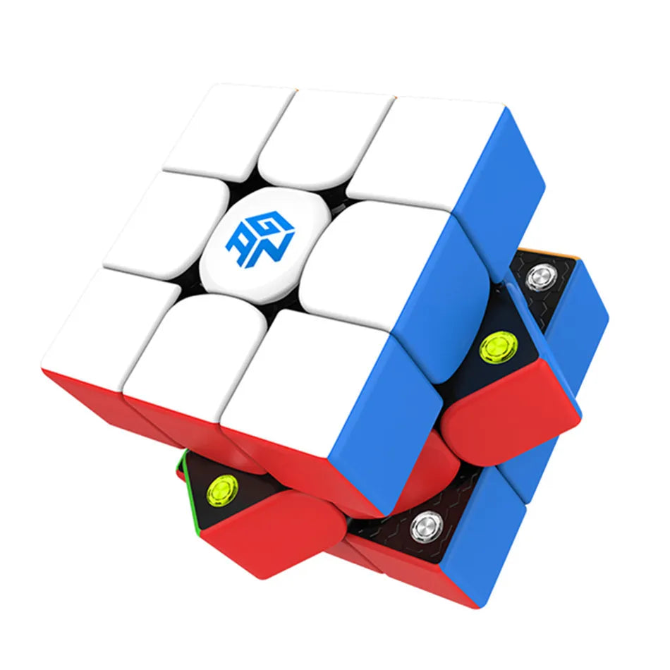 A blue and white magnetic speed cube puzzle with a red accent, shown at an angle.