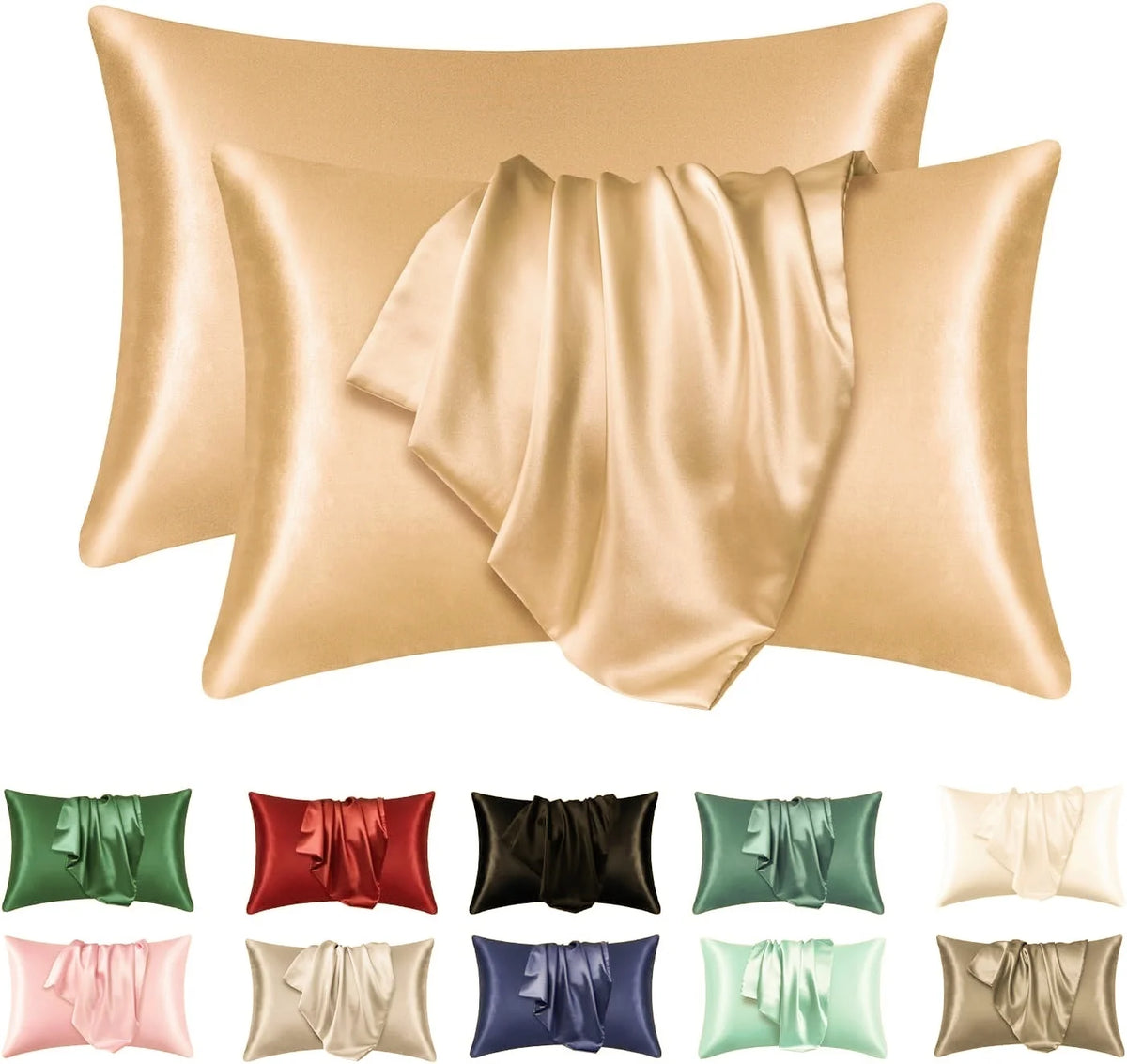 Un juego de fundas de almohada de seda satinada en varios tonos, incluyendo coral, verde, rojo, negro y beige.