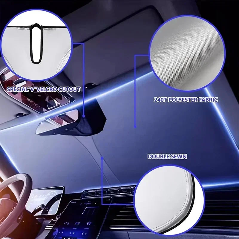 Close-up view of a foldable car windshield sunshade featuring Velcro cutout, polyester fabric, and double sew construction.
