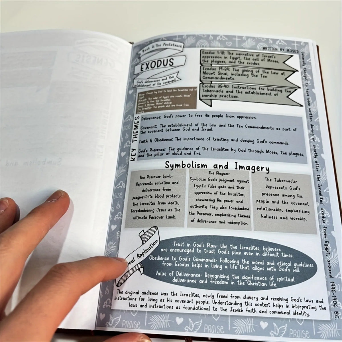A page from a Faith Growth Journal with faux leather cover showing text and decorative elements.