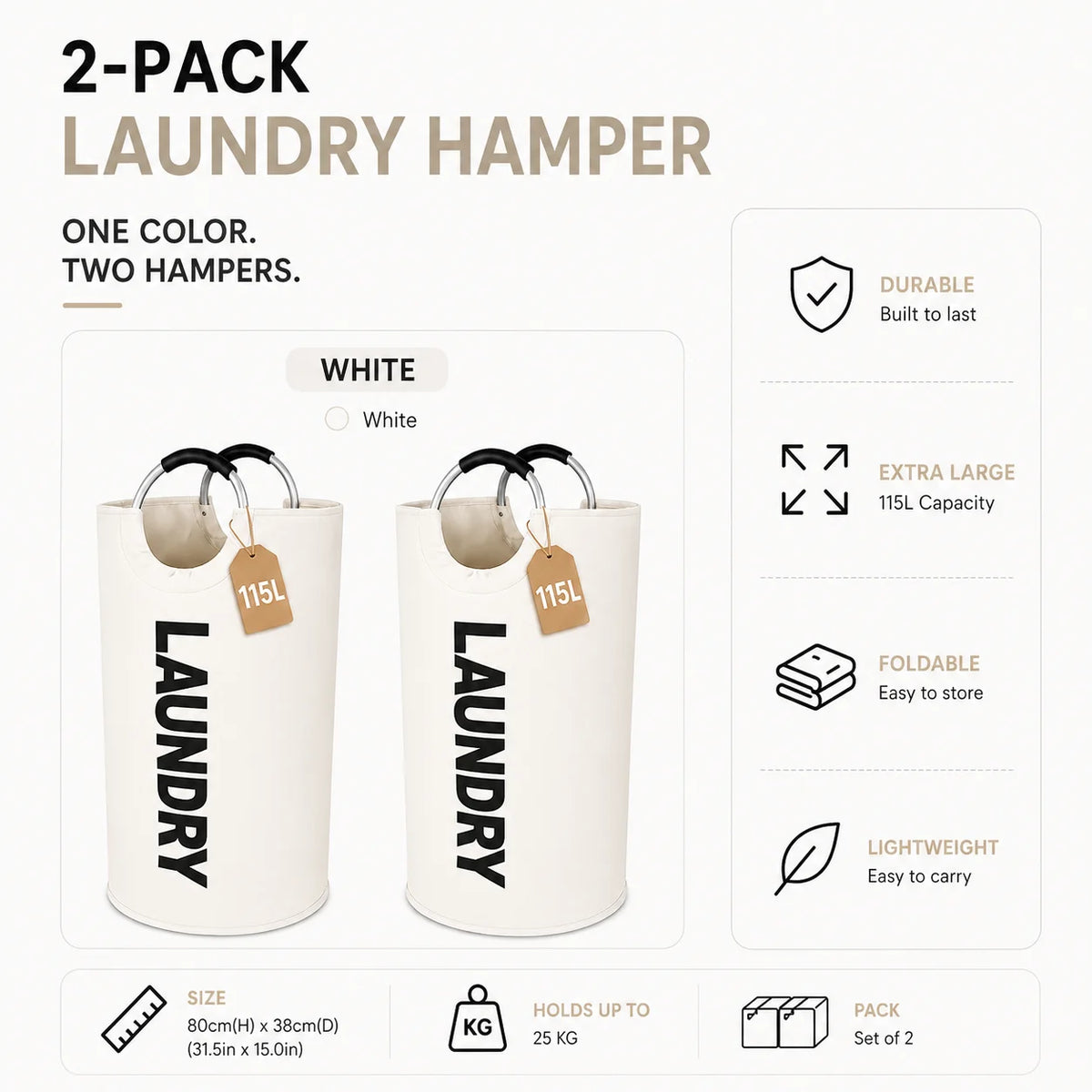 A set of two white, extra large, collapsible laundry hampers with padded handles.