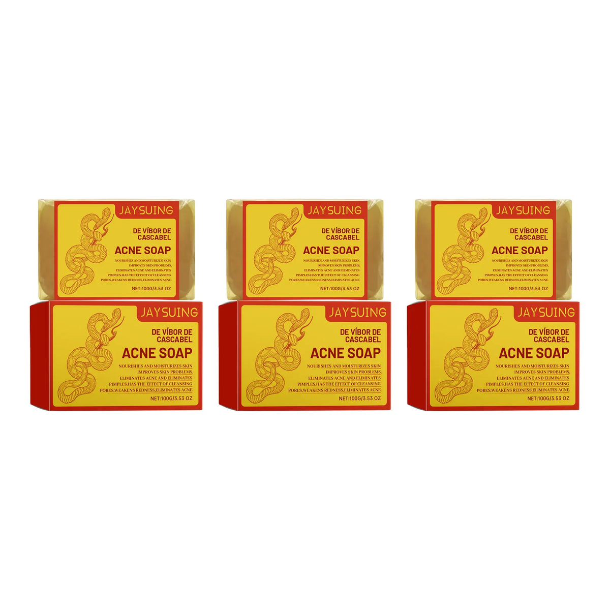 Pack of four JAYSUING Acne Soap bars in yellow and green packaging