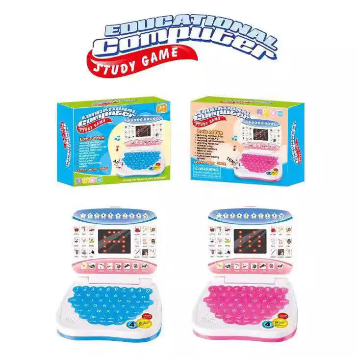 A set of mini educational laptop toys featuring LED displays and music, including a main unit and a keyboard.