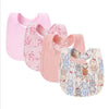A pack of four pink soft cotton baby bibs featuring cute cartoon animal prints