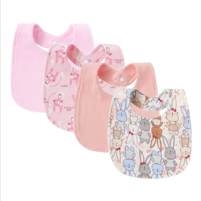 A pack of four pink soft cotton baby bibs featuring cute cartoon animal prints