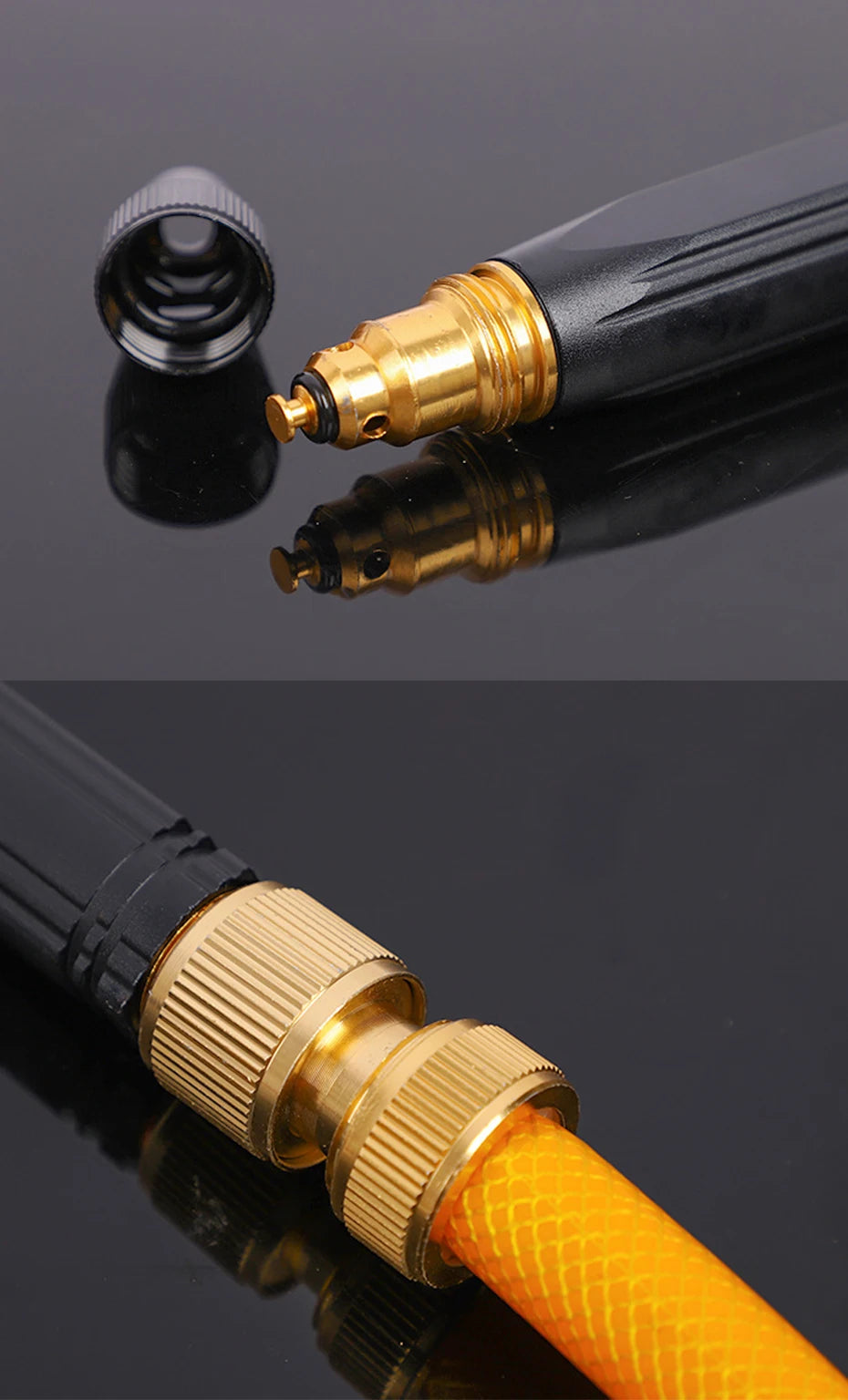 Close-up view of an adjustable high-pressure car wash water gun with a black handle and brass nozzle tip