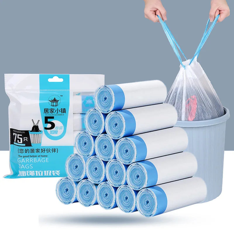 A stack of white and blue scented drawstring trash bags with handles is shown next to a package.