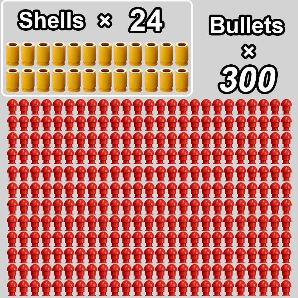 A grid of 300 reusable toy gun shells and darts in red color.