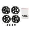 A set of four black metal rims and several small black screws for an RC car upgrade.