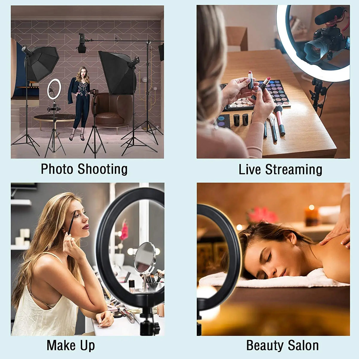 A close-up of a woman using a 33cm selfie ring light with a tripod stand and phone holder for beauty salon work.