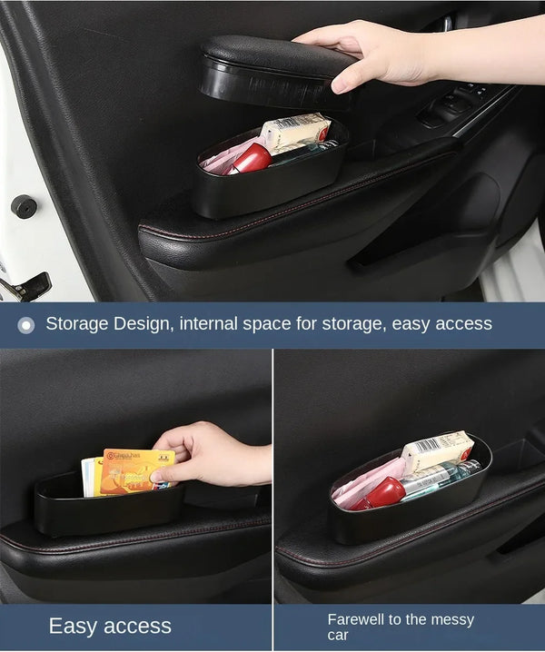 A black universal car armrest with a storage design showing easy access for items.