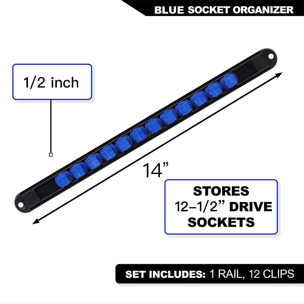 Blue socket organizer rail with 12 clips and 1/2 inch size for storing drive sockets