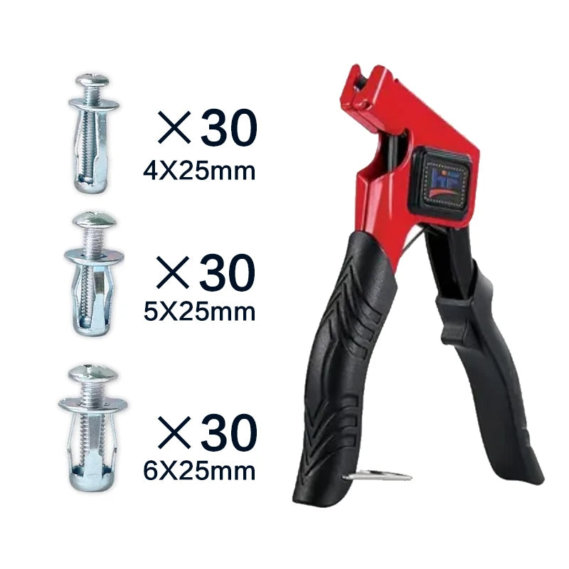 A red hand riveter tool with multiple sizes of rivets included for fastening tasks.