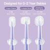 A set of baby silicone toothbrushes for 0-2 year olds, including a tongue cleaner and U-shaped brush.