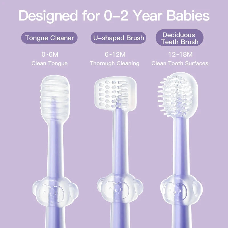 A set of baby silicone toothbrushes for 0-2 year olds, including a tongue cleaner and U-shaped brush.