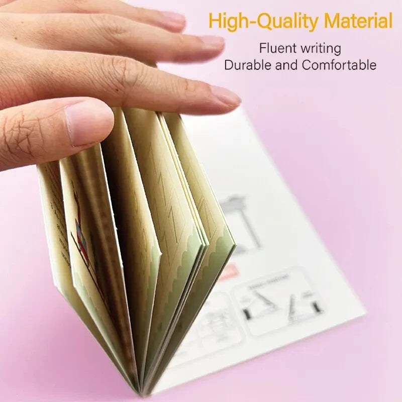 A hand holds a stack of reusable handwriting practice books with colorful pages on a white sheet.
