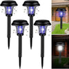 Four versions of a black solar-powered mosquito zapper with ambient blue light illuminating insects.