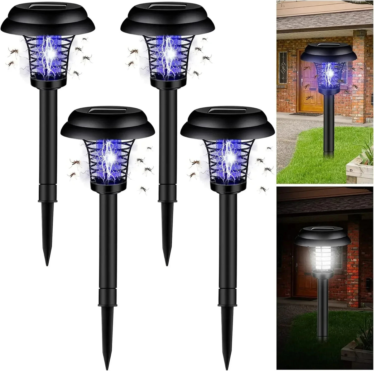 Four versions of a black solar-powered mosquito zapper with ambient blue light illuminating insects.