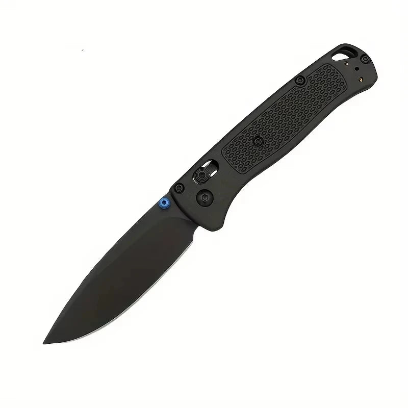 A black compact folding knife with a stainless steel blade and nylon fiber handle shown from the side.
