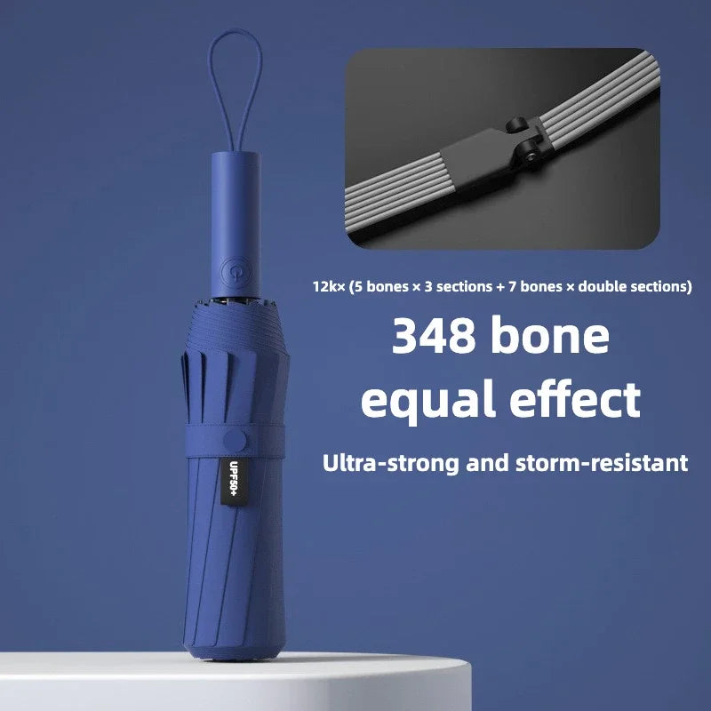 A blue automatic folding umbrella with a black handle and silver ribs is shown against a dark blue background.