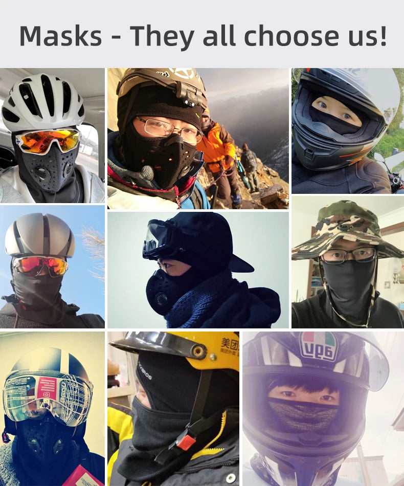 A collage of people wearing various masks and helmets for outdoor sports activities.