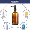 Amber glass soap dispenser set with black stainless steel pump for hand sanitizer, liquid soap, lotion, and dish soap.