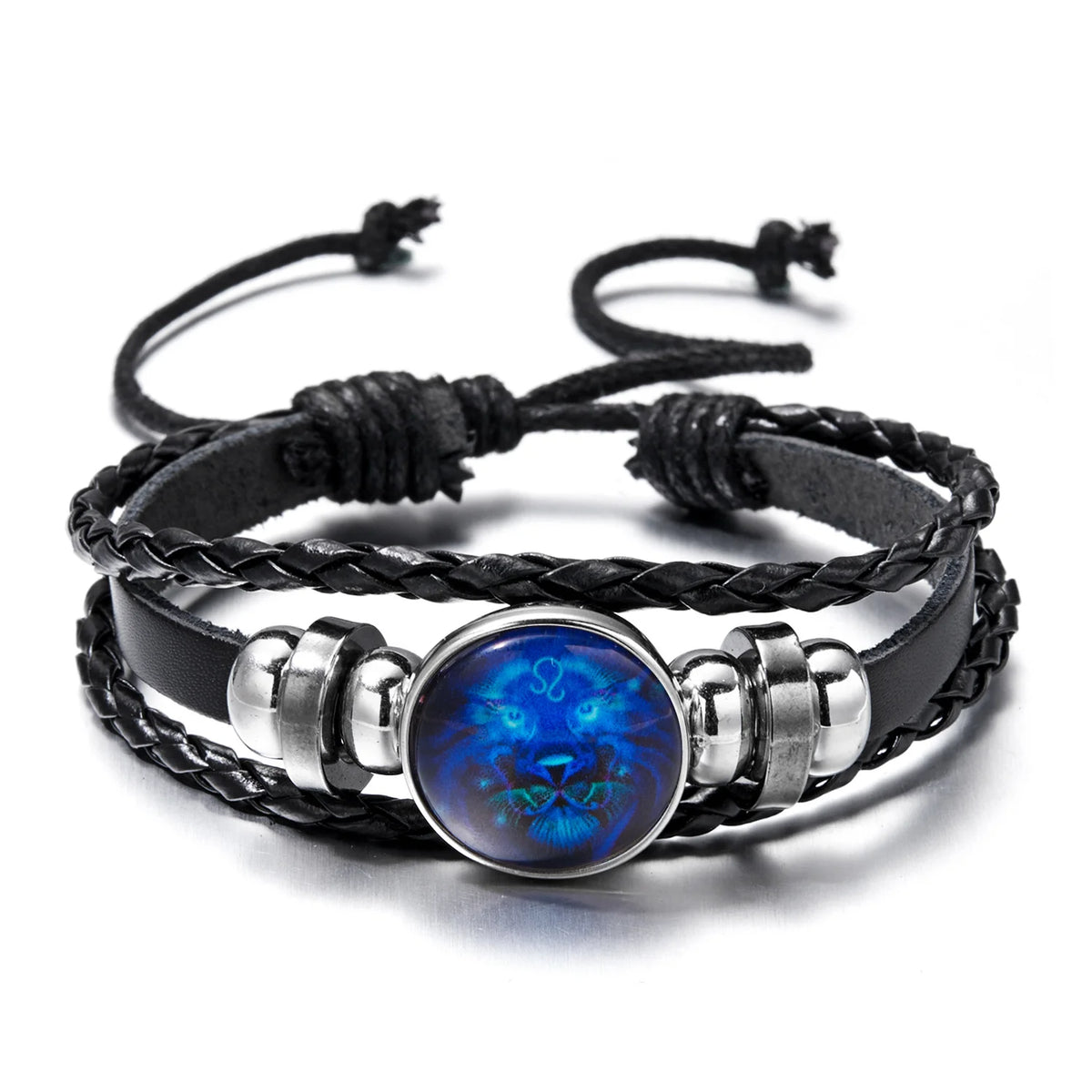 Black leather wrap bracelet featuring a blue zodiac sign charm and silver accents.