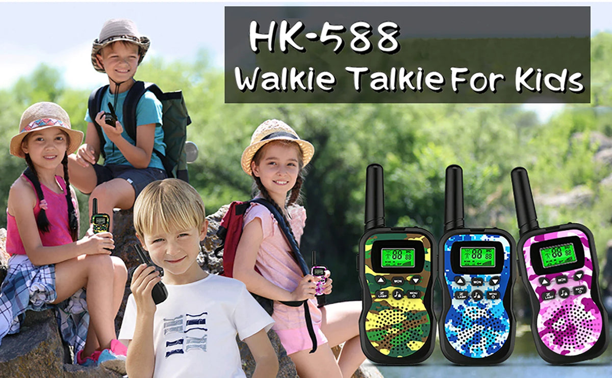 Two kids are holding HK-588 walkie talkies for kids outdoor play.