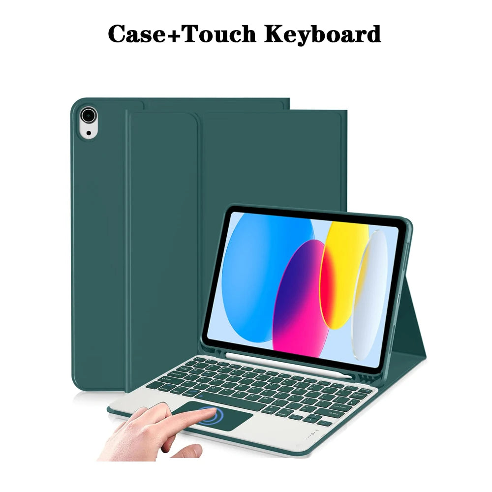 A green case holding a tablet and a detachable touch keyboard for use with an iPad.