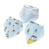 A set of three soft cotton baby bibs featuring cartoon prints of lighthouses and boats on a light blue background.