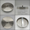 A polished stainless steel ceiling mount canopy with a diameter of 150mm, height of 25mm, and thickness of 1.5mm.