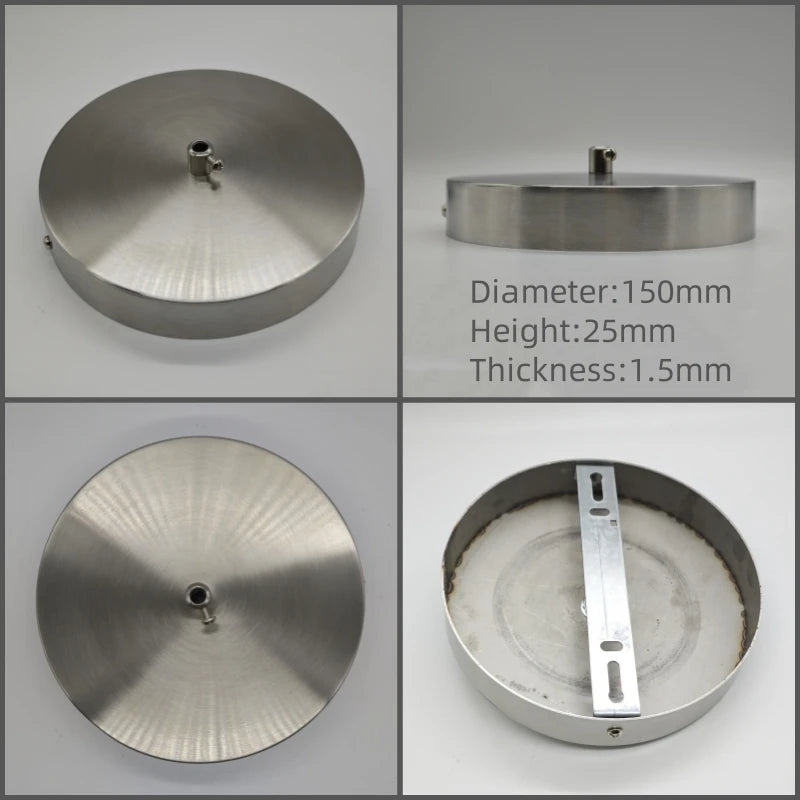 A polished stainless steel ceiling mount canopy with a diameter of 150mm, height of 25mm, and thickness of 1.5mm.