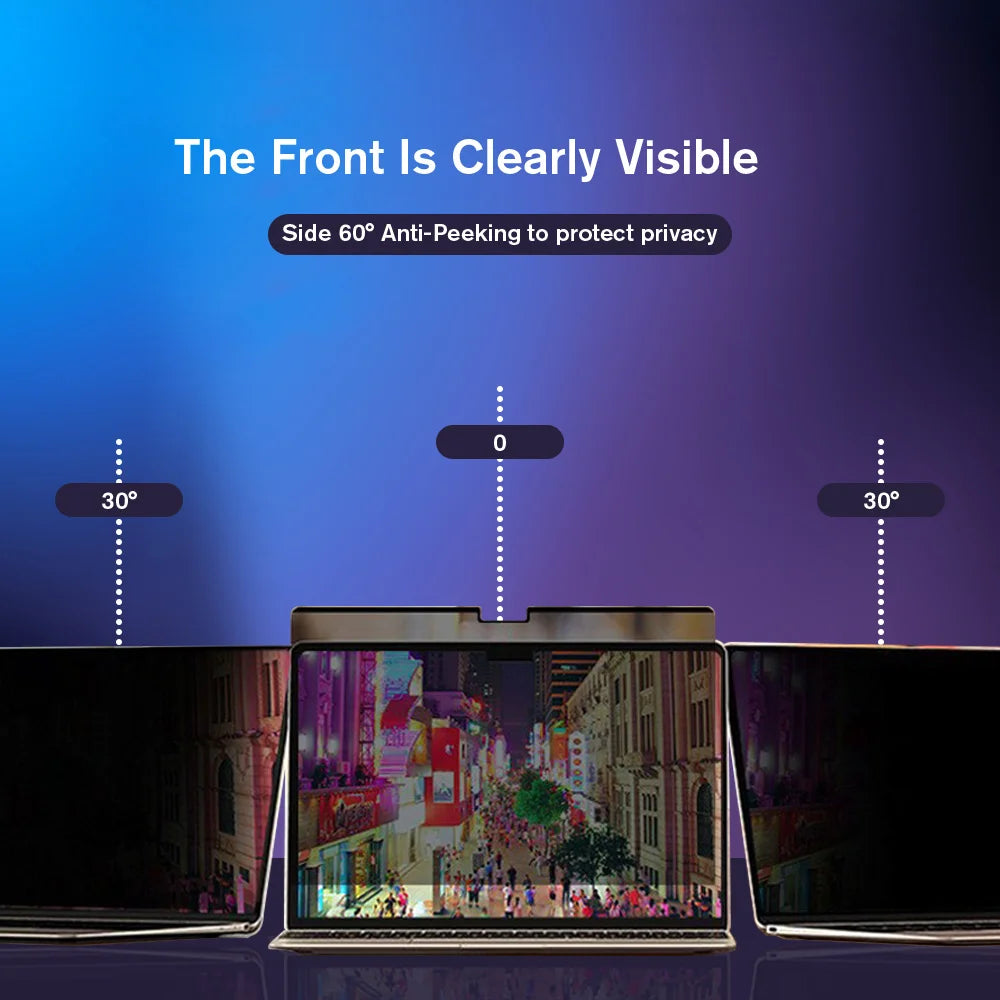 A demonstration showing a magnetic privacy screen protector on a laptop, illustrating the visibility of the front and side an