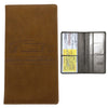 A brown leather slim card holder wallet for vehicle registration, license, and insurance cards.