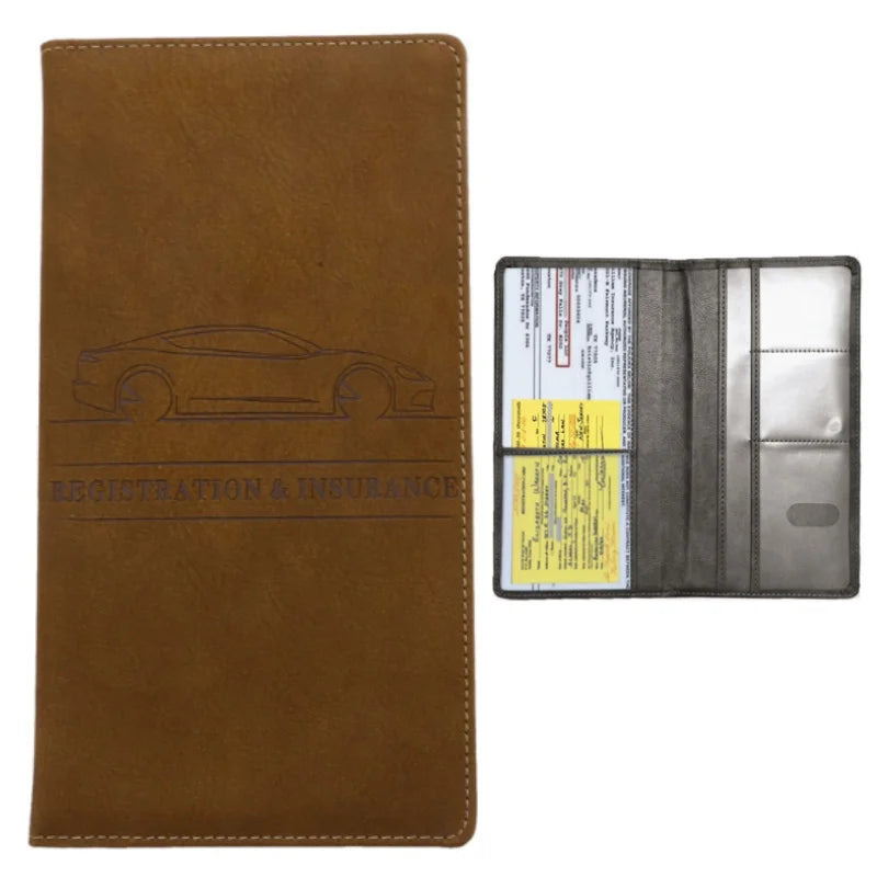 A brown leather slim card holder wallet for vehicle registration, license, and insurance cards.