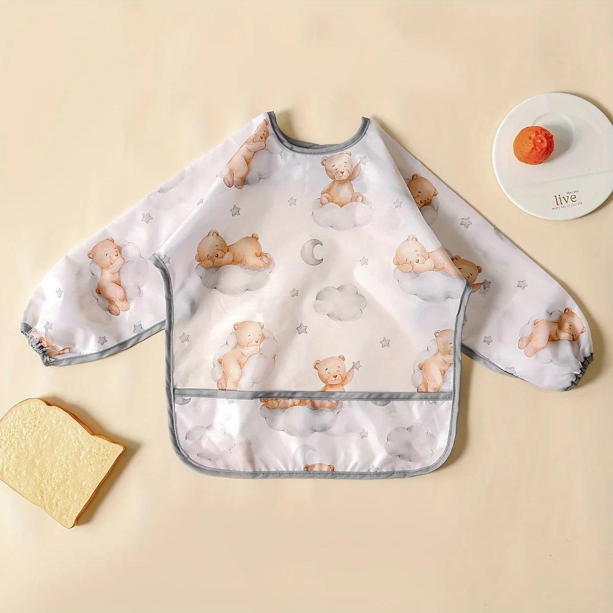 Waterproof Long-Sleeve Baby Bib with Catch-All Pocket