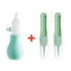 A gentle baby nasal aspirator in light green plastic with a silicone tip and a clear plastic container.