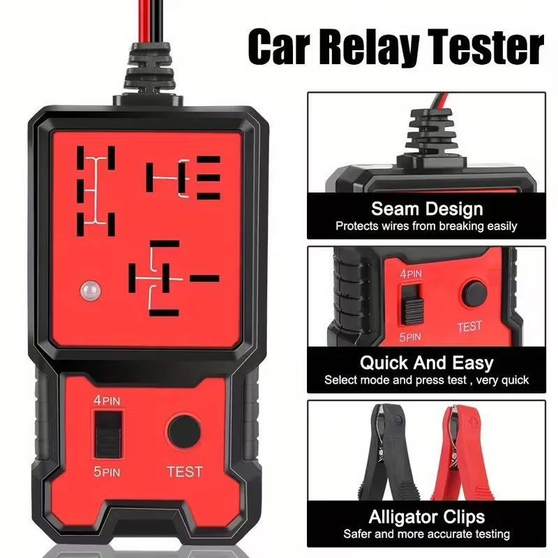 Compact car relay tester device shown with various testing features and alligator clips