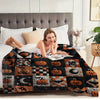 A woman relaxing on a bed covered with a vintage patchwork Halloween throw blanket featuring pumpkin and moon prints.