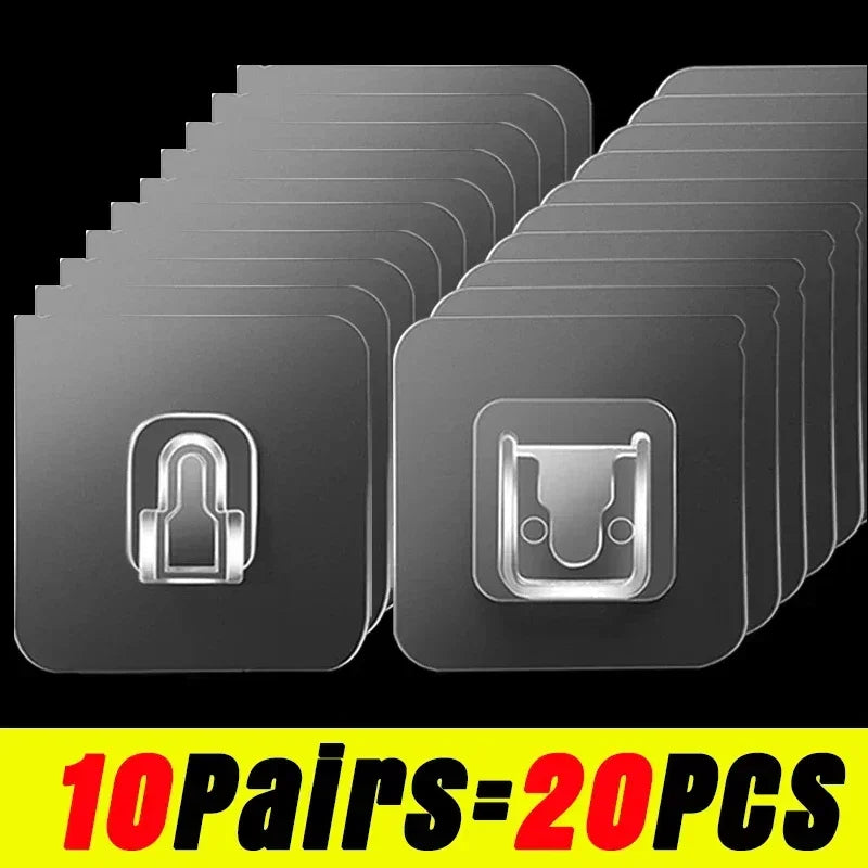 Ten pairs of clear double-sided adhesive wall hooks shown in a stacked arrangement.