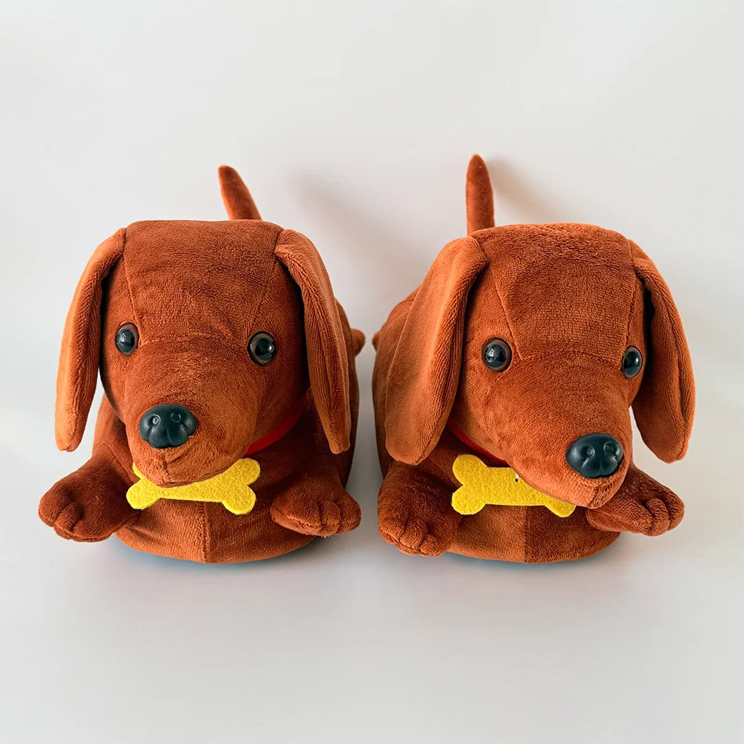 A pair of brown plush dachshund dog house slippers with yellow accents.