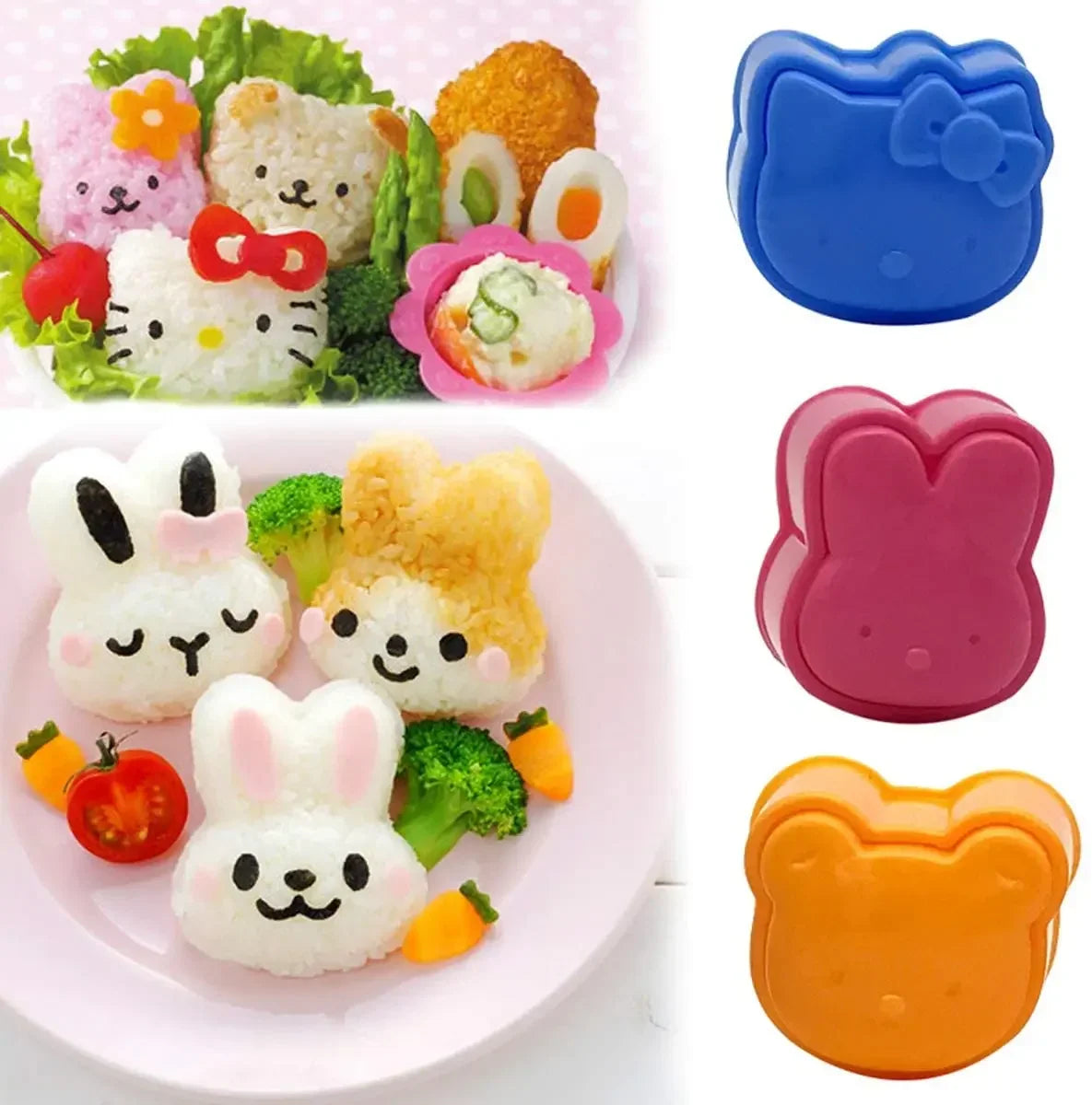 A set of pink and orange rice ball moulds for DIY bento making featuring various cute animal shapes.